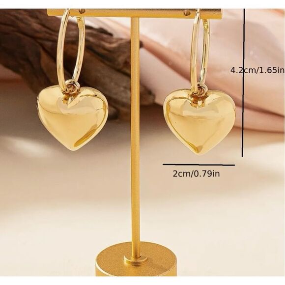 💛 NEW goldtone puffy heart dangle hoop earrings 💛 - Picture 4 of 6